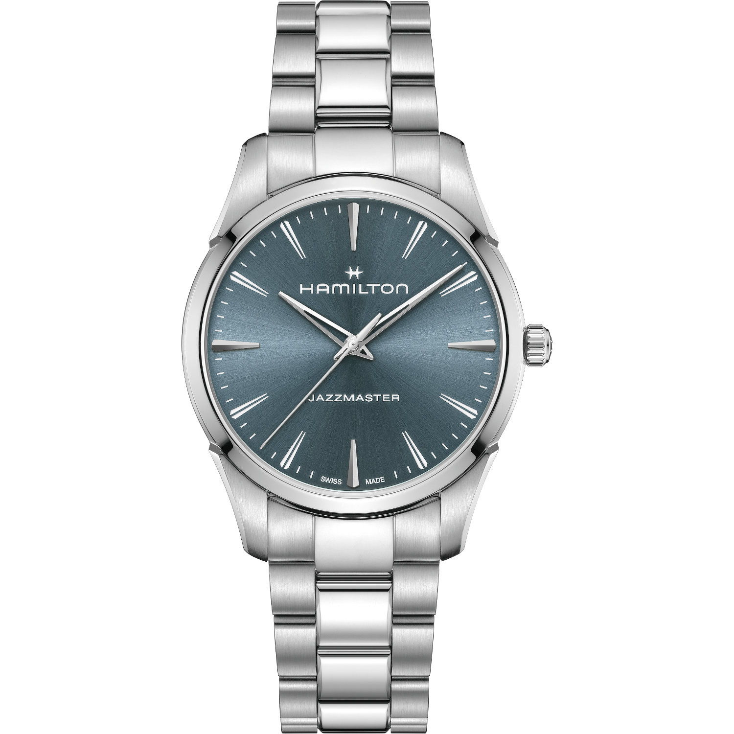 Hamilton-Jazzmaster-Quarzo-40mm-H32461141-Fronte Orologio Hamilton Jazzmaster Quarzo. Cassa in acciaio da 40mm, vetro zaffiro, bracciale acciaio. Impermeabile 50 metri.