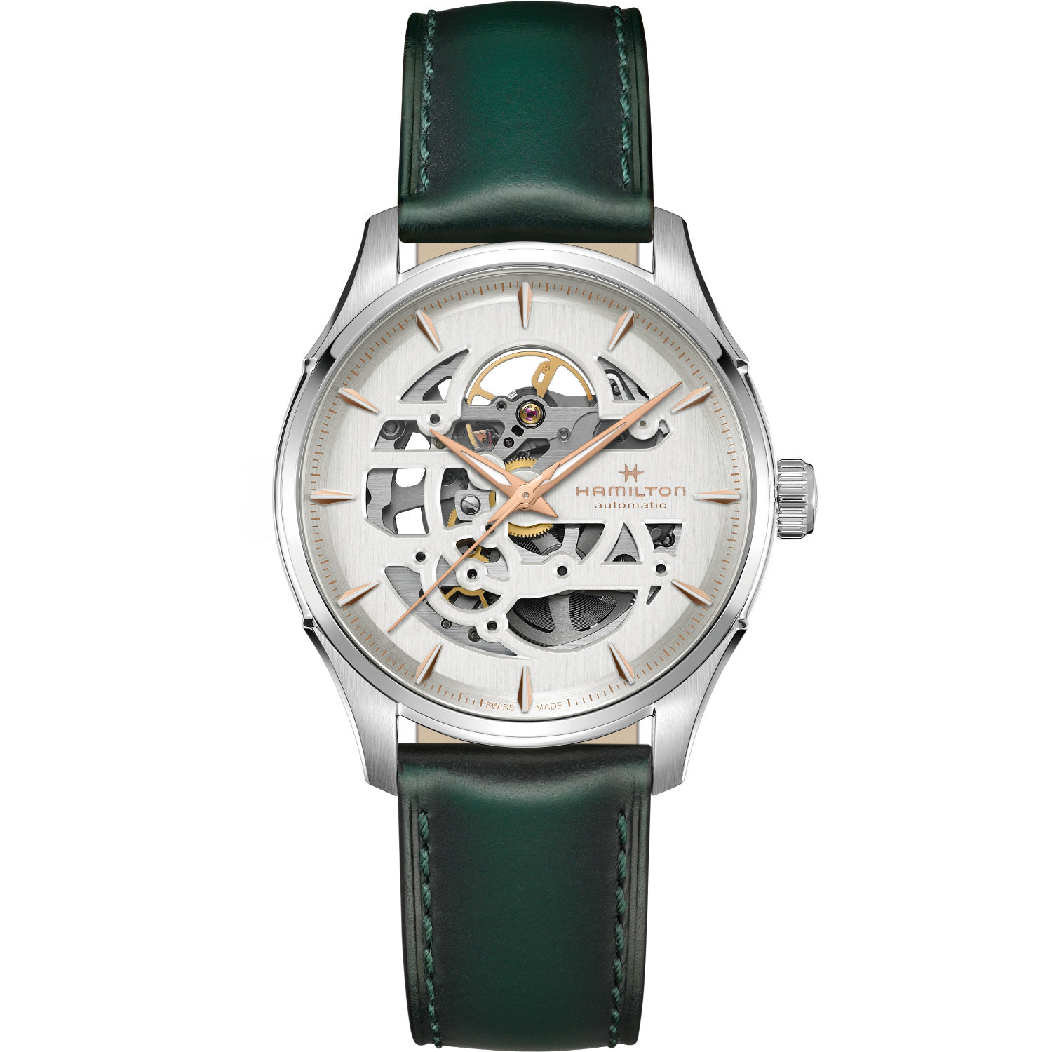 Orologio Hamilton Skeleton 40mm. Movimento automatico con 80 ore di riserva di carica, quadrante scheletrato, vetro zaffiro. Impermeabile fino a 50 metri.