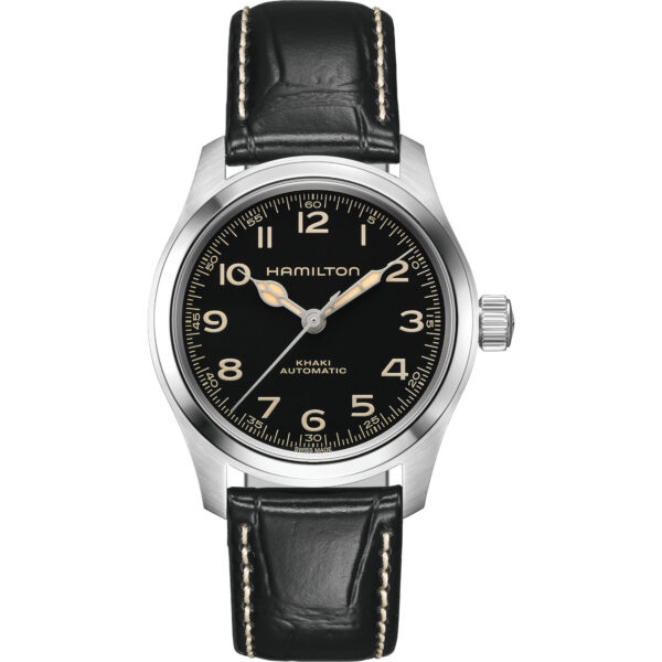 Orologio Hamilton Khaki Field 38mm. Cassa in acciaio, movimento automatico con 80 ore di riserva di carica, vetro zaffiro, fondello a vista. Impermeabile 100 metri.