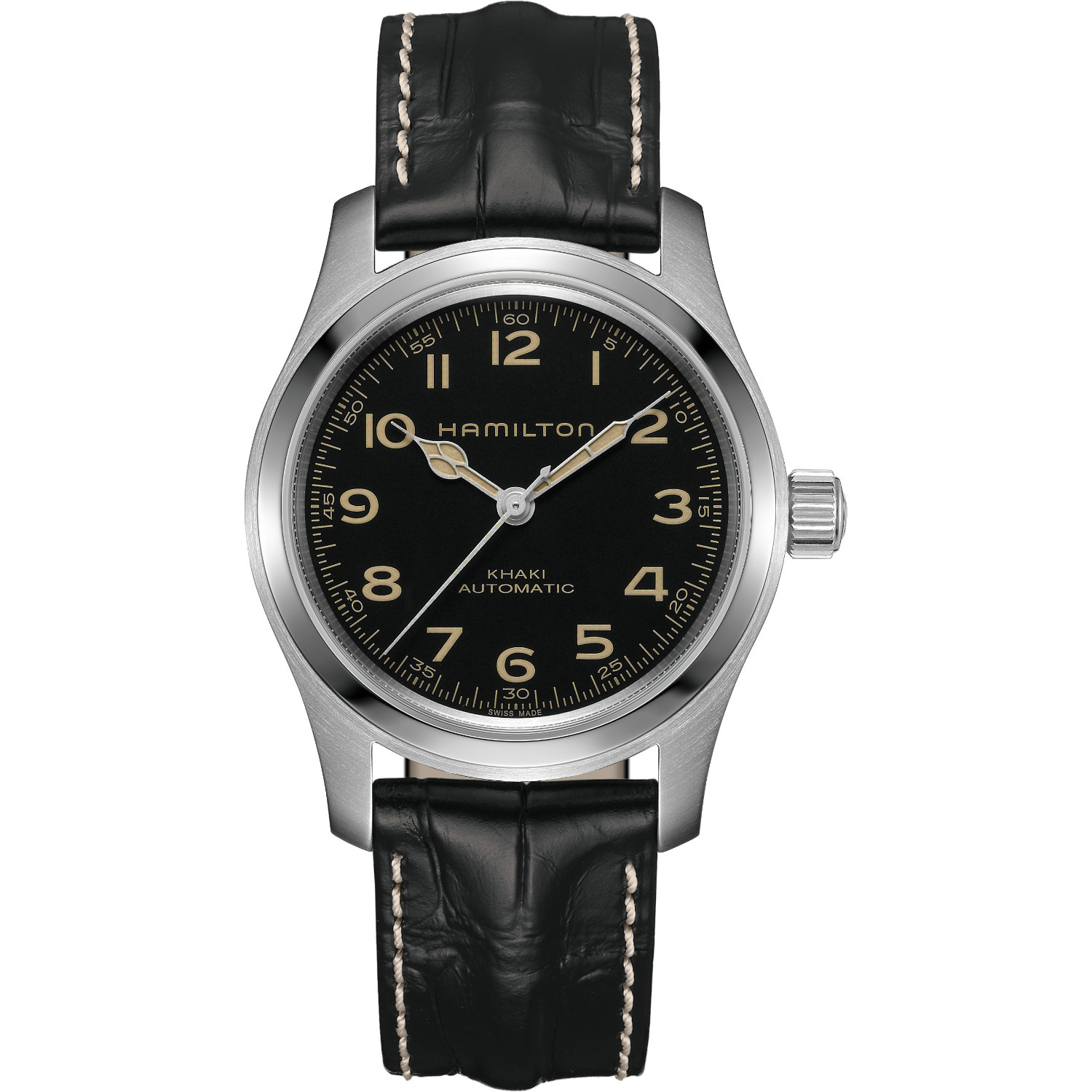 Hamilton-Khaki-Field-Muprh-Automatico-42mm-H70605731-Fronte Orologio Hamilton Khaki Field Murph 42mm. Cassa in acciaio, movimento automatico con 80 ore di riserva di carica. Vetro zaffiro, fondello a vista, cinturino in pelle nero. Impermeabile 100 metri.