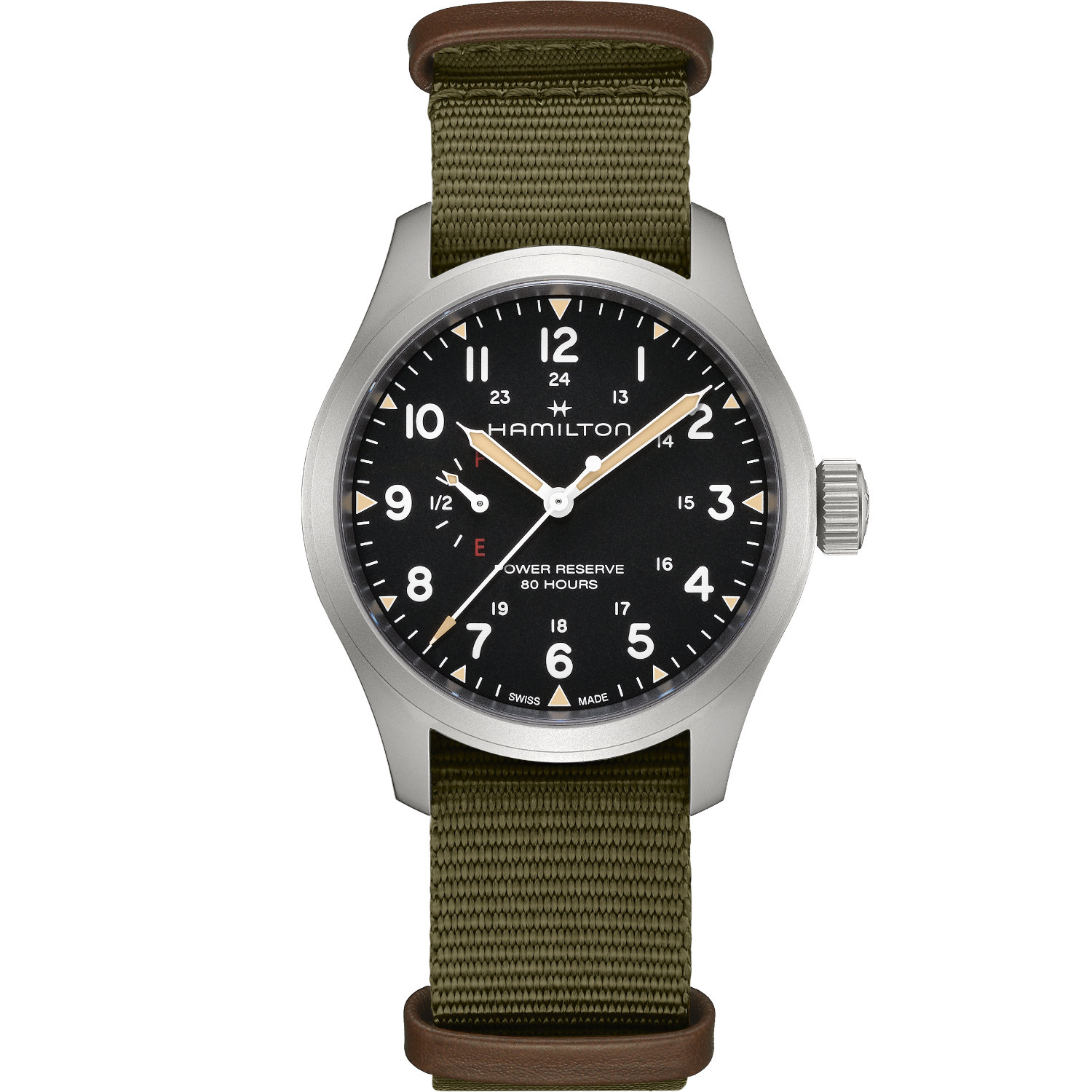 Hamilton-Khaki-Field-Power-Reserve-Meccanico-40mm-H69509930-Fronte Orologio Hamilton Khaki Field Power Reserve 40mm. Cassa in acciaio, movimento a carica manuale con 80 ore di riserva di carica. Vetro zaffiro.