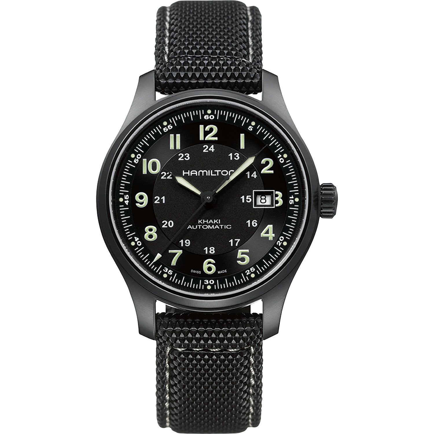 Hamilton-Khaki-Field-Titanio-Automatico-42mm-H70575733-Fronte Orologio Hamilton Khaki Field Titanio 42mm. Cassa in titanio, vetro zaffiro, movimento automatico con 80h di riserva di carica, impermeabile 100 metri.