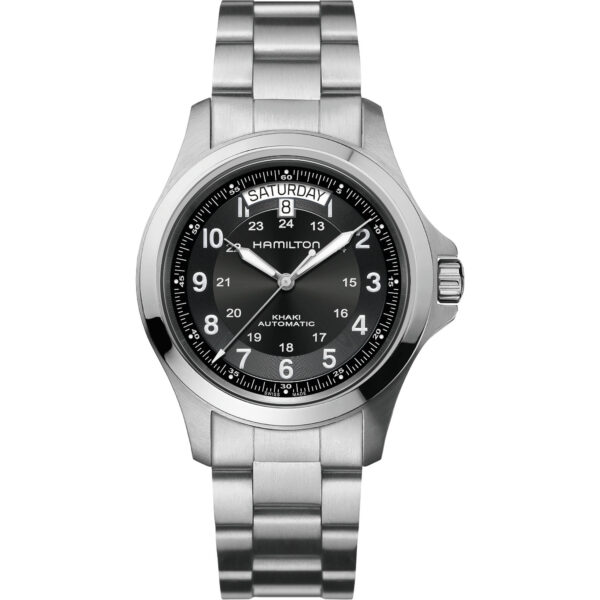 Orologio Hamilton Khaki King. Cassa in acciaio da 40mm, movimento automatico, vetro zaffiro, fondello a vista. Movimento automatico con 80 ore di riserva di carica.