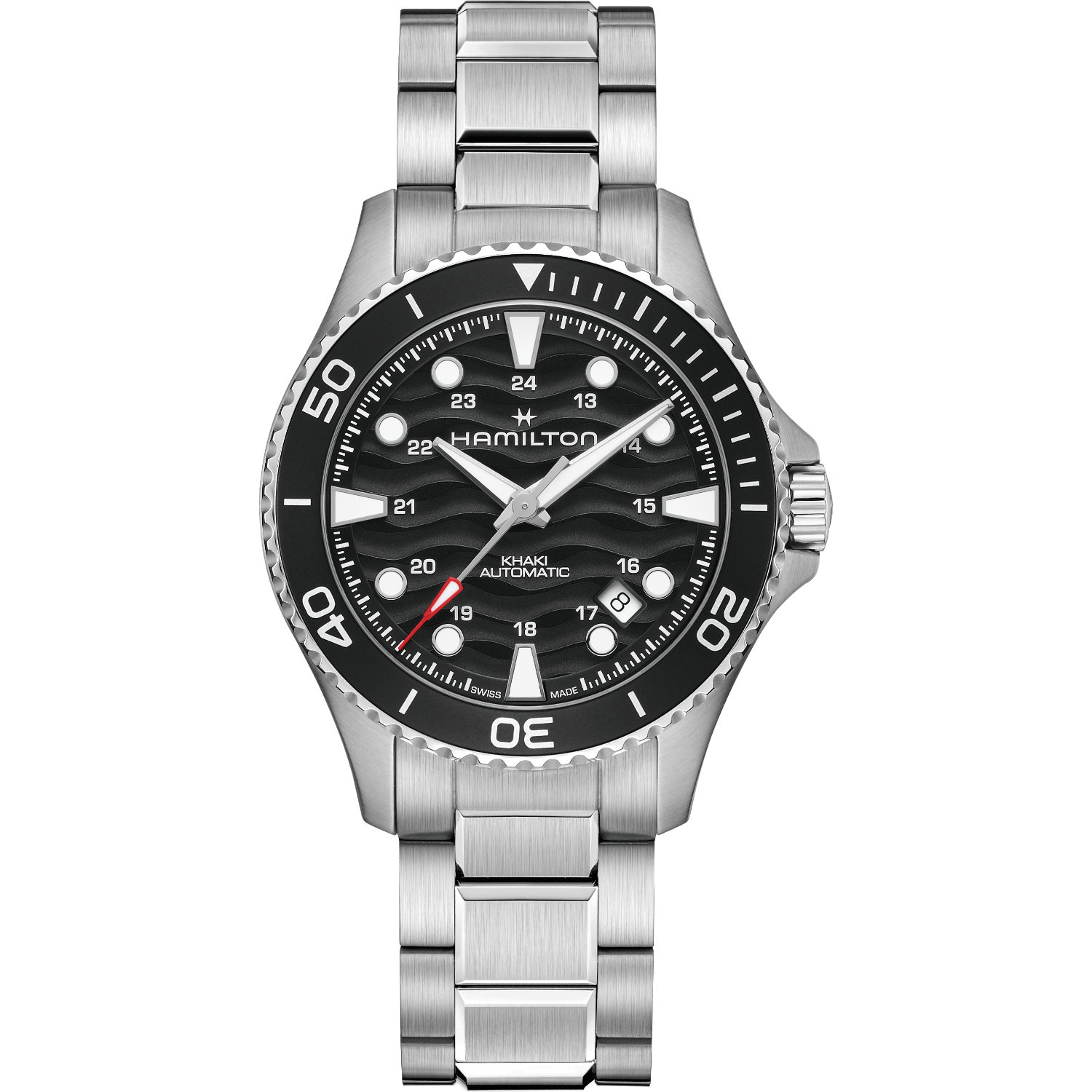 Hamilton-Khaki-Navy-Scuba-Automatico-40mm-H82415130-Fronte Orologio Hamilton Khaki Navy Scuba. Orologio con cassa in acciaio da 40mm, vetro zaffiro, movimento automatico con 80h di riserva di carica. Impermeabile 100 metri.
