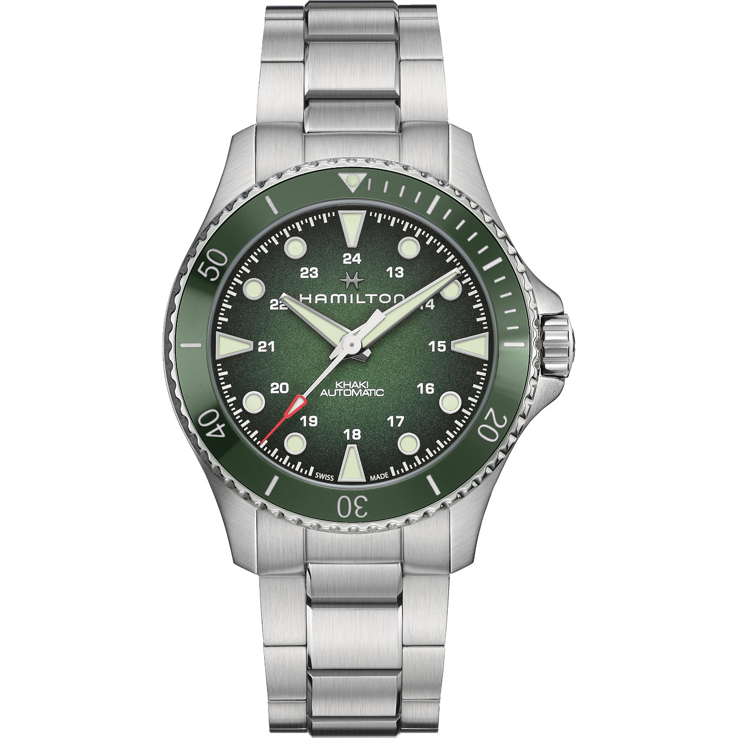 Orologio Hamilton Khaki Navy Scuba 43mm. Cassa in acciaio, movimento automatico con 80h di riserva, vetro zaffiro. Lunetta in ceramica, impermeabile 300 metri.