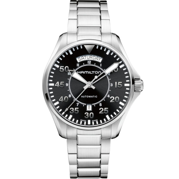 Orologio Hamilton Khaki Pilot Day Date. Cassa in acciaio di 42mm, movimento automatico con 80 ore di riserva di carica, vetro zaffiro, fondello a vista. Impermeabile 100 metri.