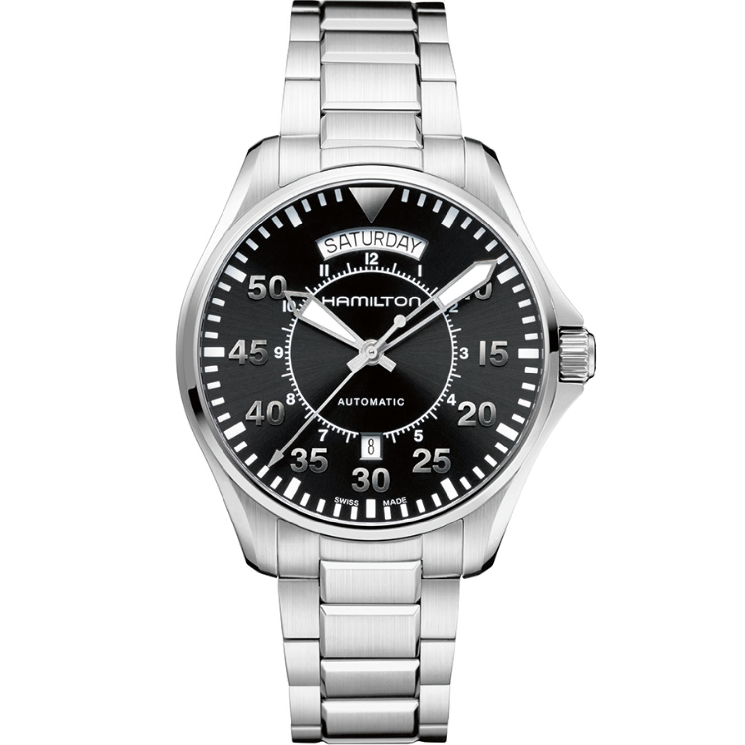 Orologio Hamilton Khaki Pilot Day Date. Cassa in acciaio di 42mm, movimento automatico con 80 ore di riserva di carica, vetro zaffiro, fondello a vista. Impermeabile 100 metri.