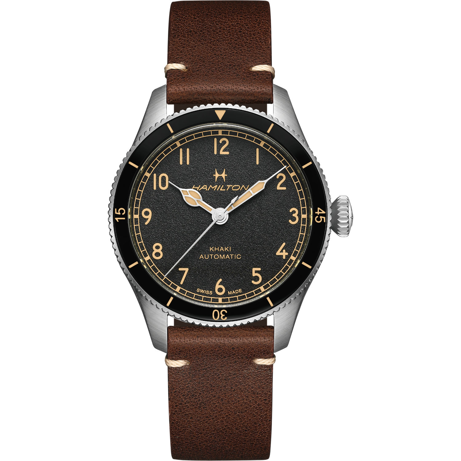 Hamilton-Khaki-Pilot-Pioneer-Automatico-38mm-H76205530-Fronte Orologio Hamilton Khaki Pilot Pioneer 38mm. Cassa in acciaio, movimento automatico con 80 ore di riserva di carica. Vetro zaffiro e cinturino pelle.