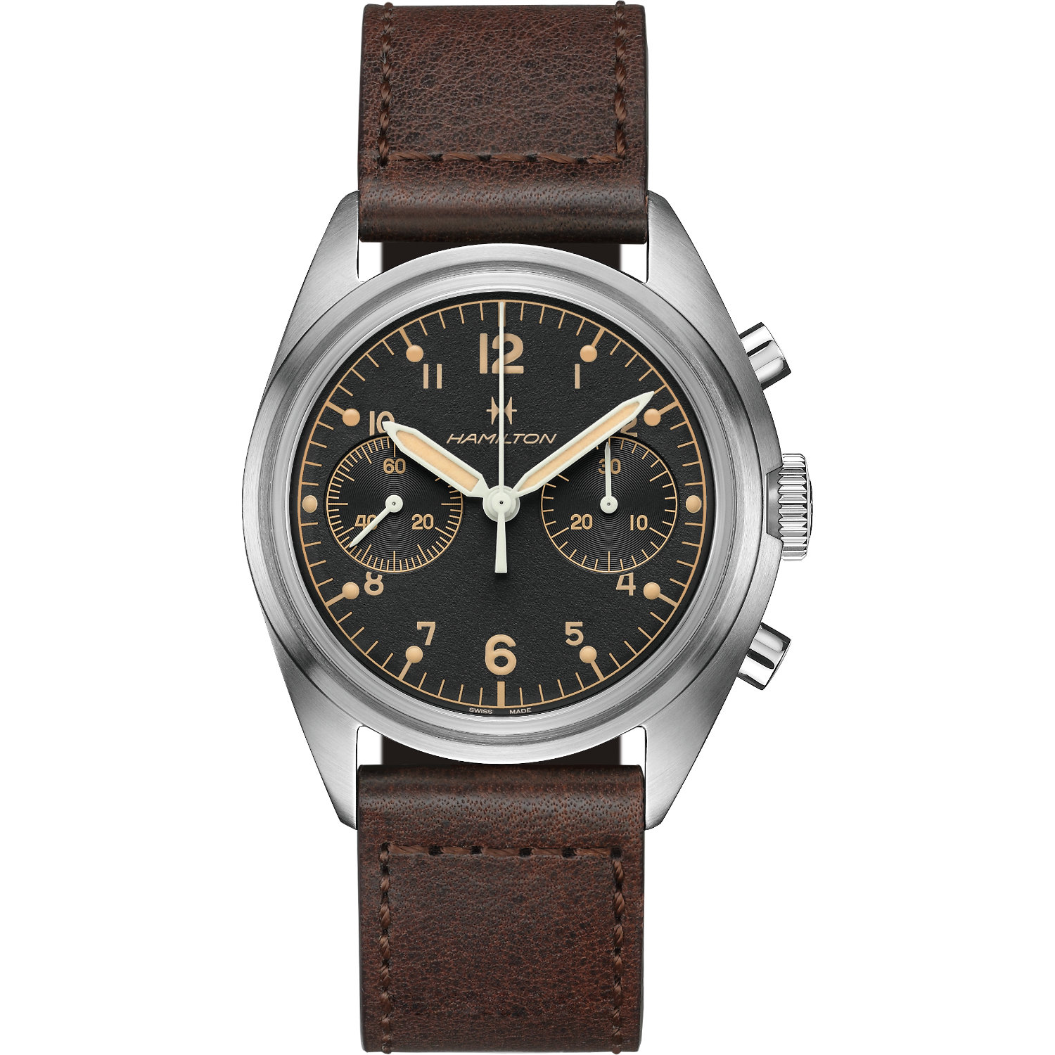 Hamilton-Khaki-Pilot-Pioneer-Meccanico-Chrono-40mm-H76409530-Fronte Orologio Hamilton Khaki Pilot Pioneer Mechanical Chrono. Cassa in acciaio da 40 mm, movimento a carica manuale con 60 ore di riserva di carica. Vetro zaffiro e impermeabilità fino a 100 metri.
