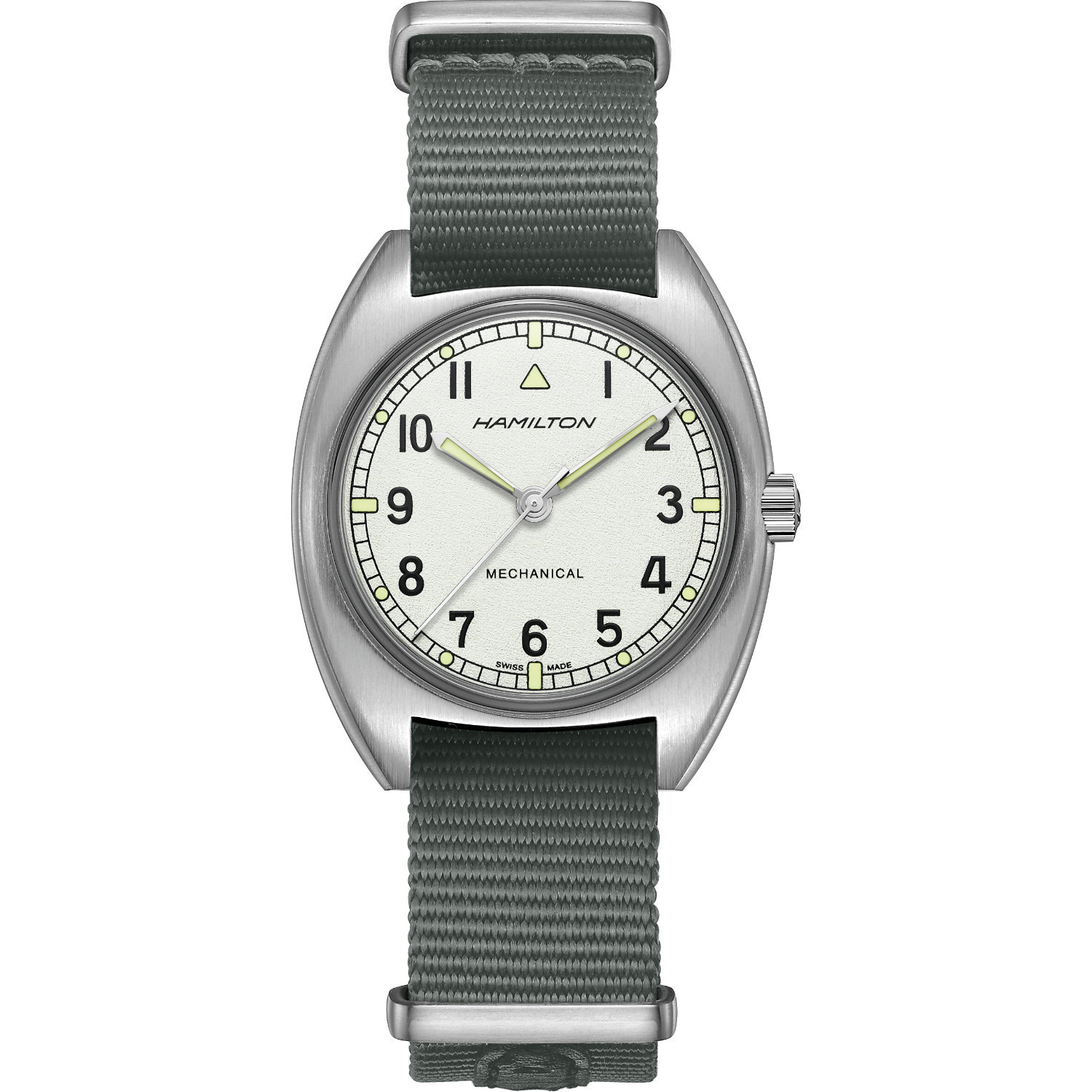 Hamilton-Khaki-Pilot-Pioneer-Mechanical-36mm-H76419951-Fronte Orologio Khaki Pilot Pioneer Mechanical. Cassa in acciaio da 36mm, movimento a carica manuale con 80 ore di riserva di carica, vetro minerale. Cinturino NATO di colore grigio. Impermeabile 100 metri.