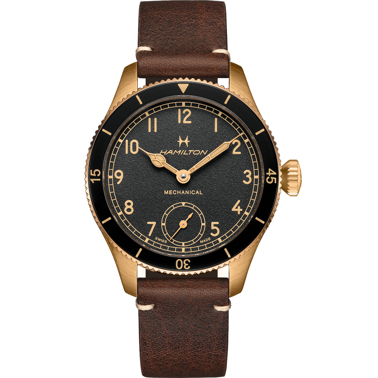 Orologio Hamilton Khaki Pilot Pioneer Small Second Mechanical. Cassa in bronzo, movimento a carica manuale, fondello a vista, vetro zaffiro. Cinturino in pelle.