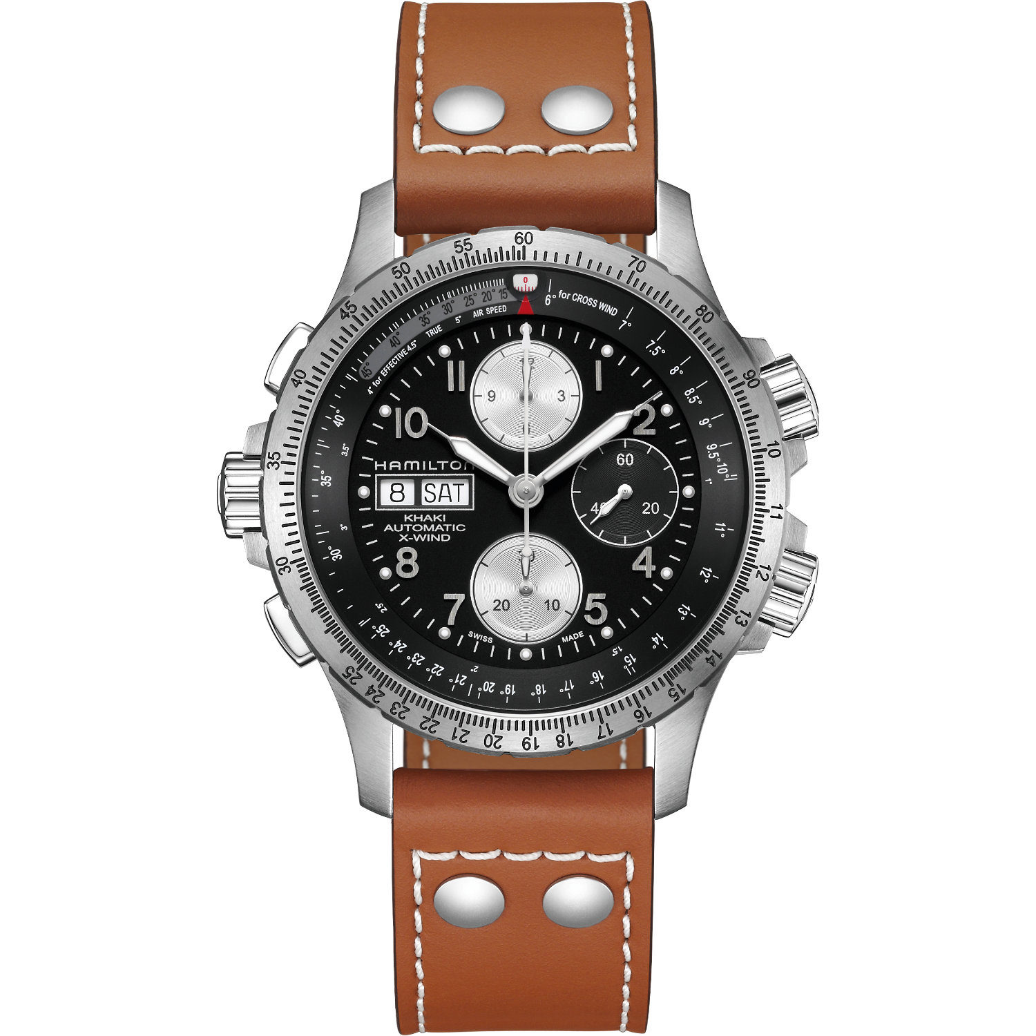 Orologio Hamilton Khaki X-Wind. Movimento automatico con funzione cronografo e riserva di carica 60 ore. Vetro zaffiro, cinturino pelle e impermeabilità fino a 100 metri