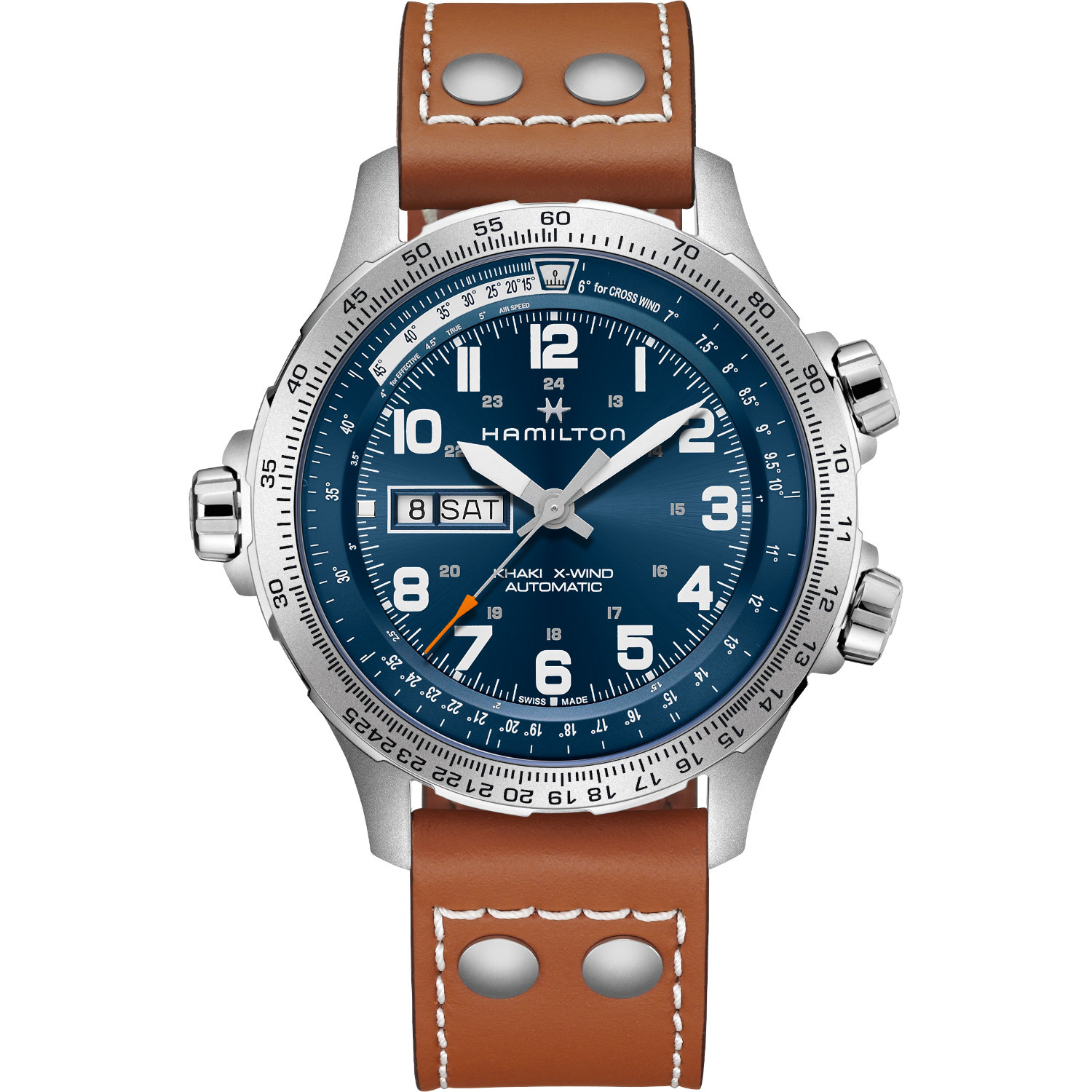 Orologio Hamilton Khaki X-Wind Day Date. Movimento automatico con funzione solo tempo e riserva di carica di 80 ore. Vetro zaffiro, fondello a vista e impermeabilità fino a 100 metri.