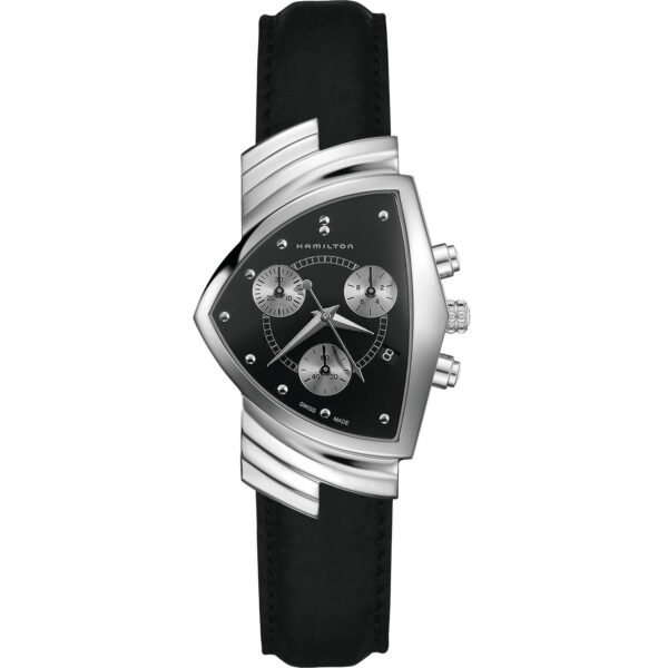 Orologio Hamilton Ventura Chrono Quarzo. Orologio con cassa in acciaio da 32. mm, movimento al quarzo con funzione cronografo. Cinturino pelle e vetro zaffiro. Celebre per essere presente nei film Men in Black II e III.