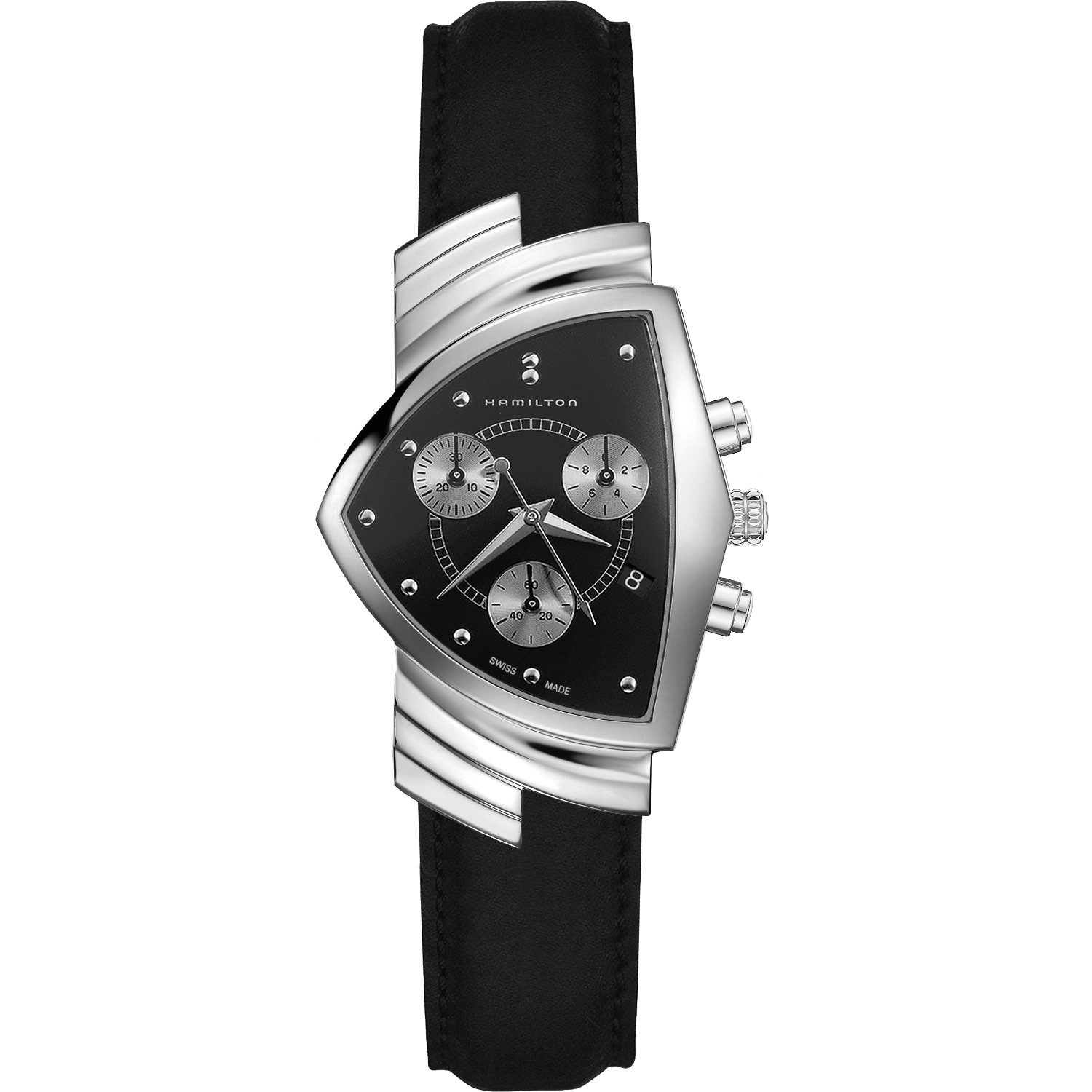 Hamilton-Ventura-Chrono-Quarzo-32-5mm-H24412732-Fronte Orologio Hamilton Ventura Chrono Quarzo. Orologio con cassa in acciaio da 32. mm, movimento al quarzo con funzione cronografo. Cinturino pelle e vetro zaffiro. Celebre per essere presente nei film Men in Black II e III.