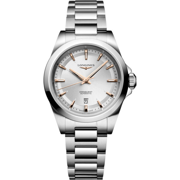 Orologio Longines Conquest 30mm. Movimento automatico, cassa e bracciale in acciaio, fondello a vista, impermeabile 100 metri.