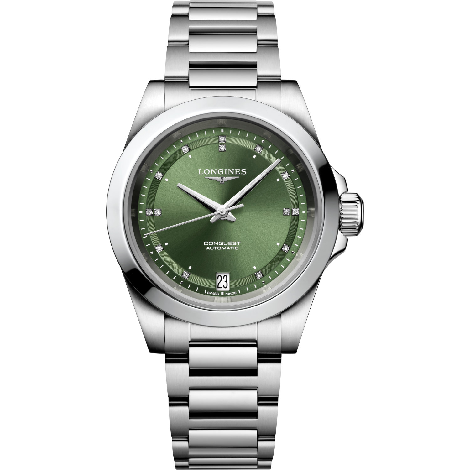 Orologio Longines Conquest Automatico 34mm. Cassa in acciaio, movimento automatico con 72 ore di riserva di carica, vetro zaffiro, fondello a vista. Impermeabile 100 metri.