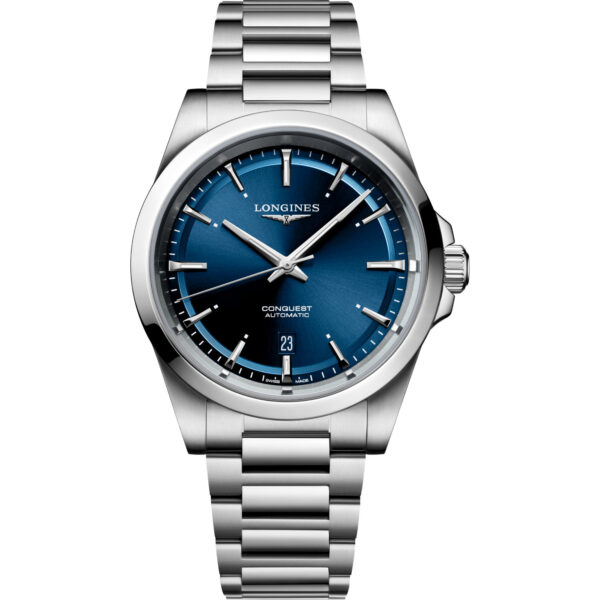 Orologio Longines Conquest con cassa acciaio da 41mm, fondello a vista, movimento automatico con 72 ore di riserva di carica e impermeabile 100 metri.