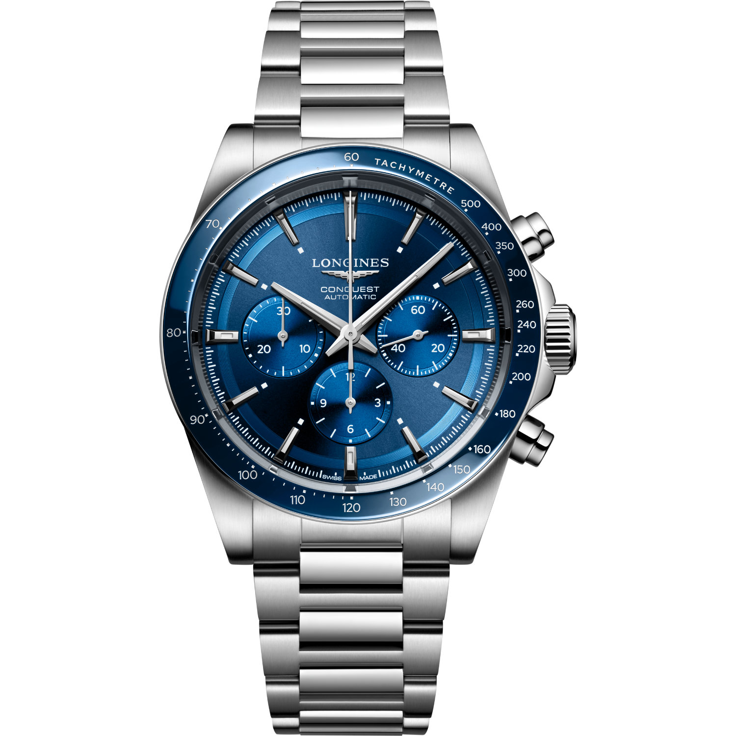 Longines-Conquest-Chronograph-Automatico-42mm-L38354926-Fronte Orologio Longines Conquest Chronograph Automatico, cassa acciaio da 42mm, fondello a vista, vetro zaffiro, impermeabile 100 metri.