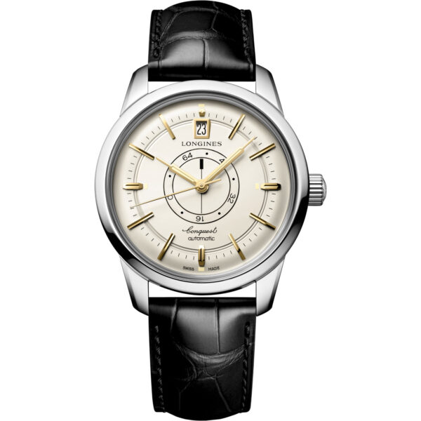 Orologio Longines Conquest Heritage Central Power Reserve. Movimento automatico, riserva di carica 72 ore, cassa acciaio, cinturino in pelle alligatore, vetro zaffiro, impermeabile 50 metri.