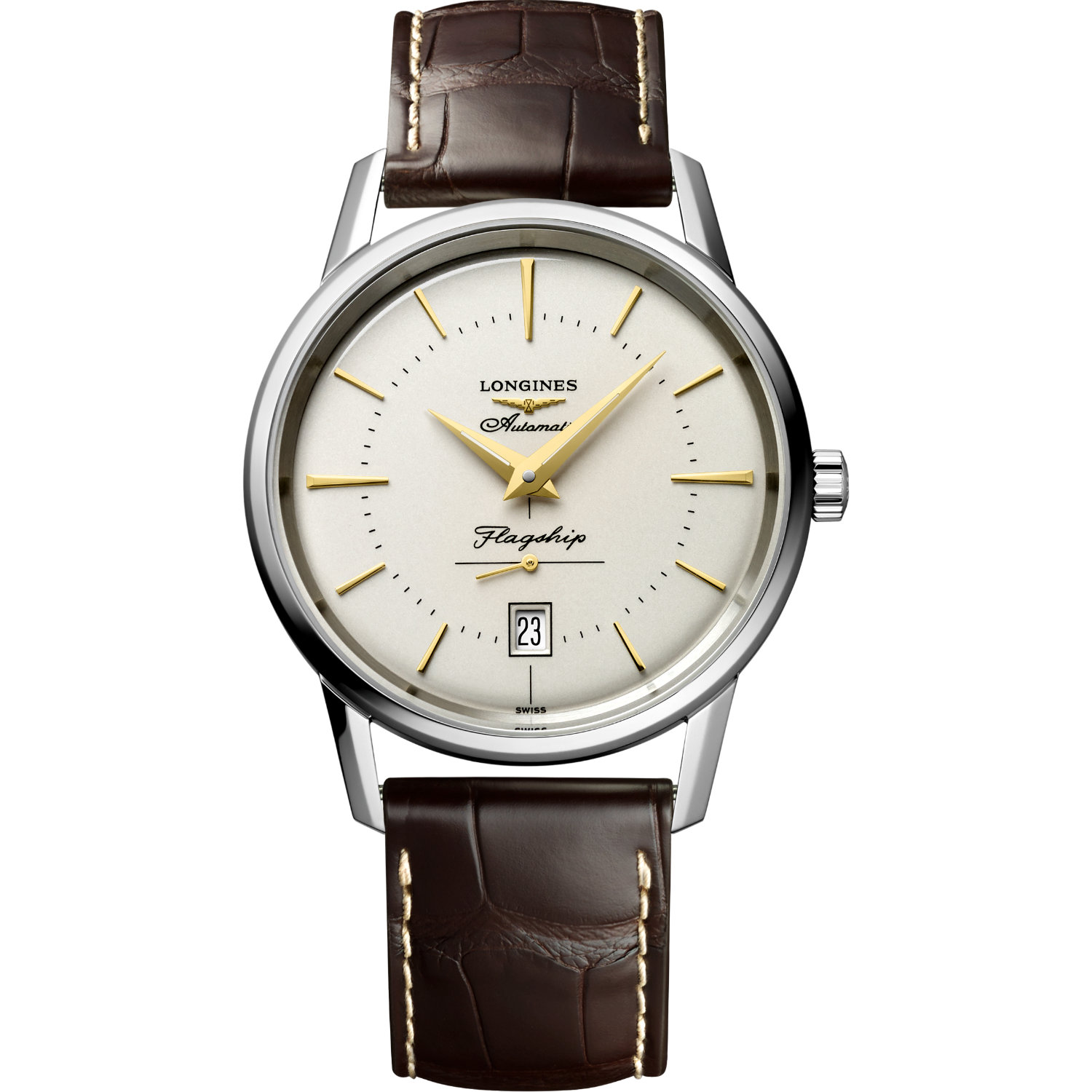 Longines-Flagship-Heritage-Automatico-38-5mm-L47954782-Fronte Orologio Longines Flagship Heritage 38.5mm. Cassa in acciaio, movimento automatico, vetro zaffiro, cinturino in pelle alligatore. Impermeabile 30 metri.