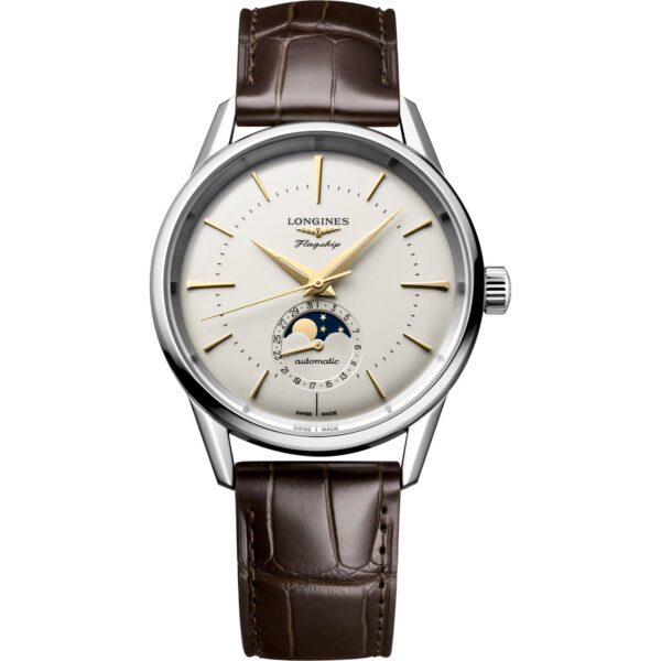 Orologio Longines Flagship Heritage Fasi Lunari. Cassa in acciaio della dimensione di 38.5 mm, movimento automatico, cinturino in pelle alligatore, vetro zaffiro. Impermeabile 30 metri.