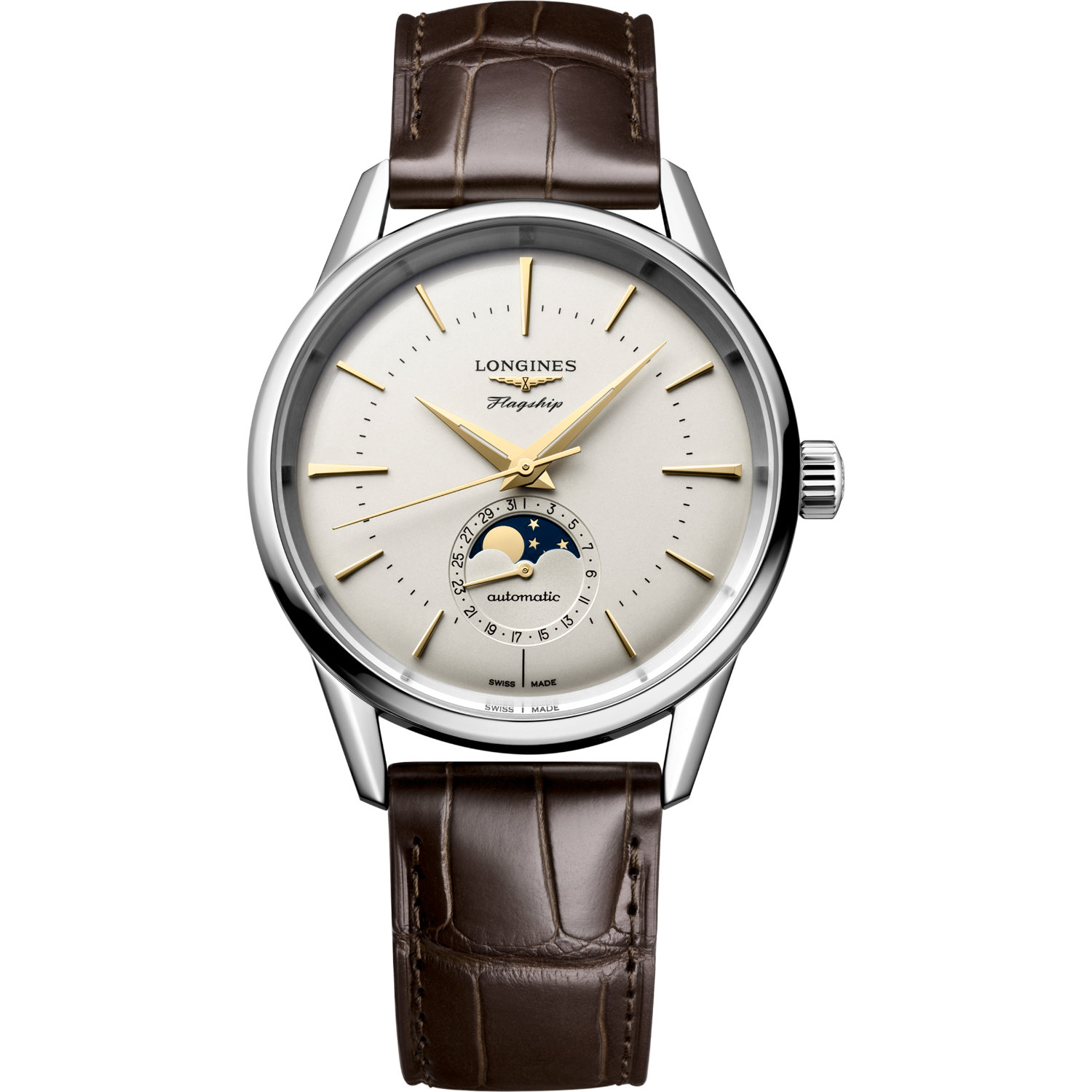 Longines-Flagship-Heritage-Automatico-38-5mm-L48154782-Fronte Orologio Longines Flagship Heritage Fasi Lunari. Cassa in acciaio della dimensione di 38.5 mm, movimento automatico, cinturino in pelle alligatore, vetro zaffiro. Impermeabile 30 metri.