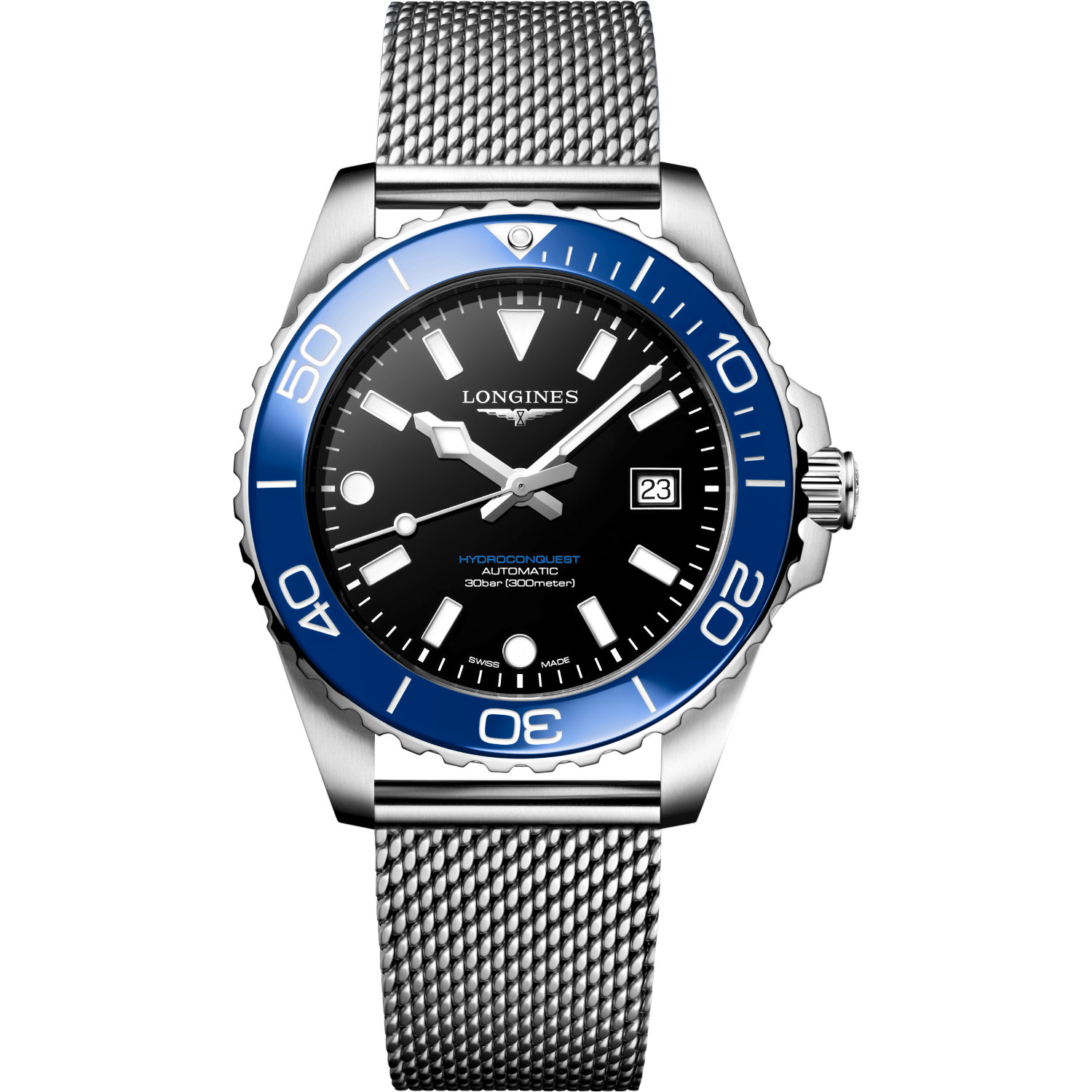 Longines-Hydroconquest-Automatico-39mm-L37884906-Fronte Orologio Longines Hydroconquest. Movimento automatico, cassa in acciaio da 43mm, lunetta ceramica, impermeabile 300 metri.