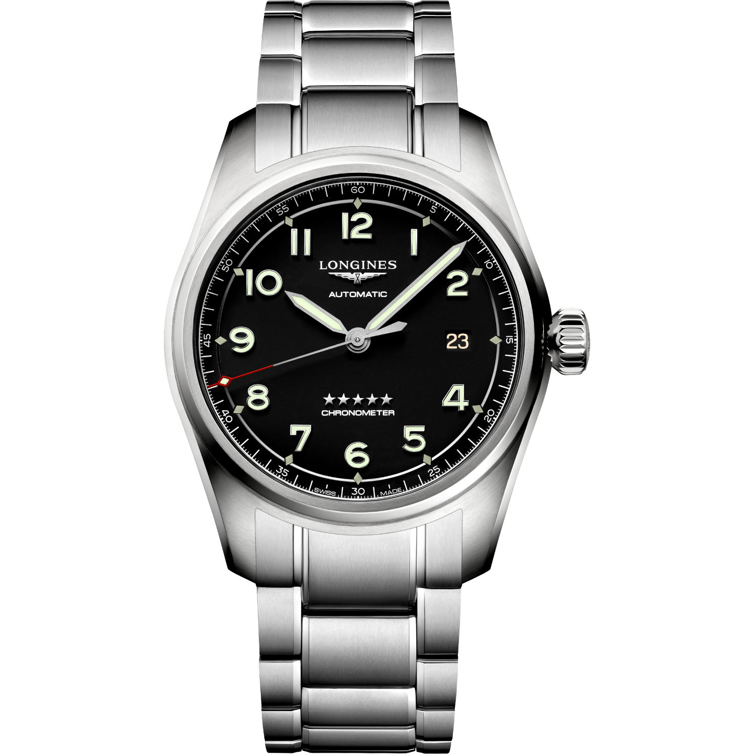Orologio Longines Spirit 40mm. Cassa in acciaio, movimento automatico con riserva di carica di 72 ore, bracciale acciaio, vetro zaffiro. Impermeabile 100 metri.