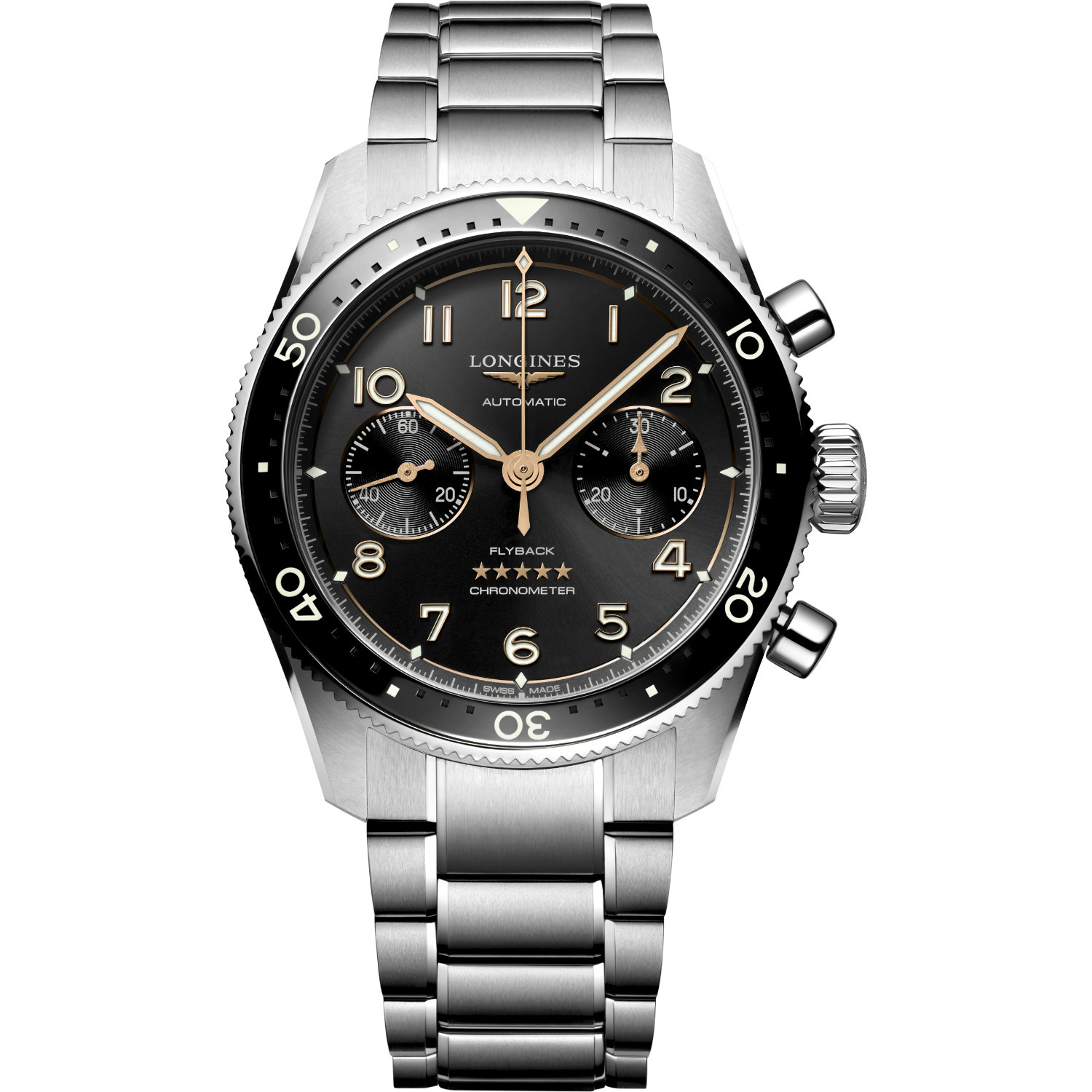 Longines-Spirit-Flyback-Automatico-42mm-L38214536-Fronte Orologio Longines Spirit Flyback 42mm. Cassa in acciaio, movimento automatico con funzione flyback, riserva di carica di 68 ore. Impermeabile 100 metri.