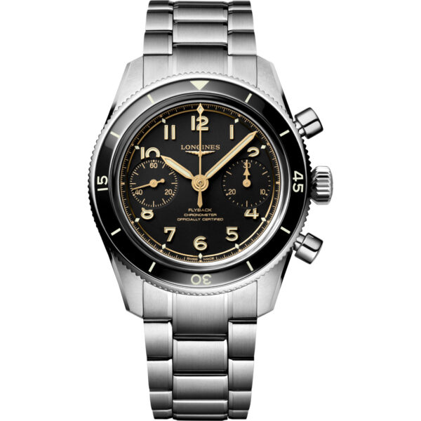 Orologio Longines Spirit Pilot Flyback. Cassa in acciaio di 38.5mm, vetro zaffiro, fondello a vista, movimento cronografo con funzione flyback. Impermeabile 100 metri.