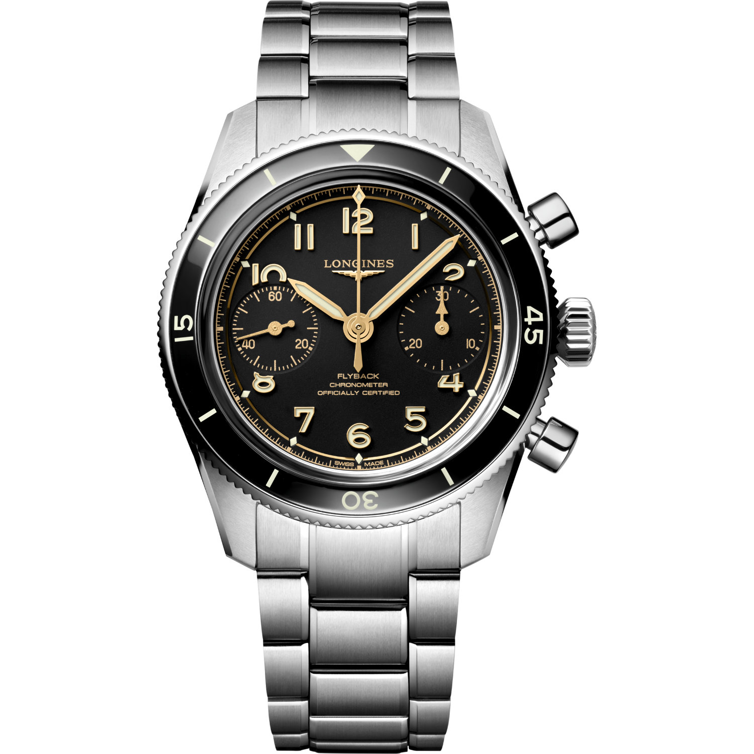 Orologio Longines Spirit Pilot Flyback. Cassa in acciaio di 38.5mm, vetro zaffiro, fondello a vista, movimento cronografo con funzione flyback. Impermeabile 100 metri.
