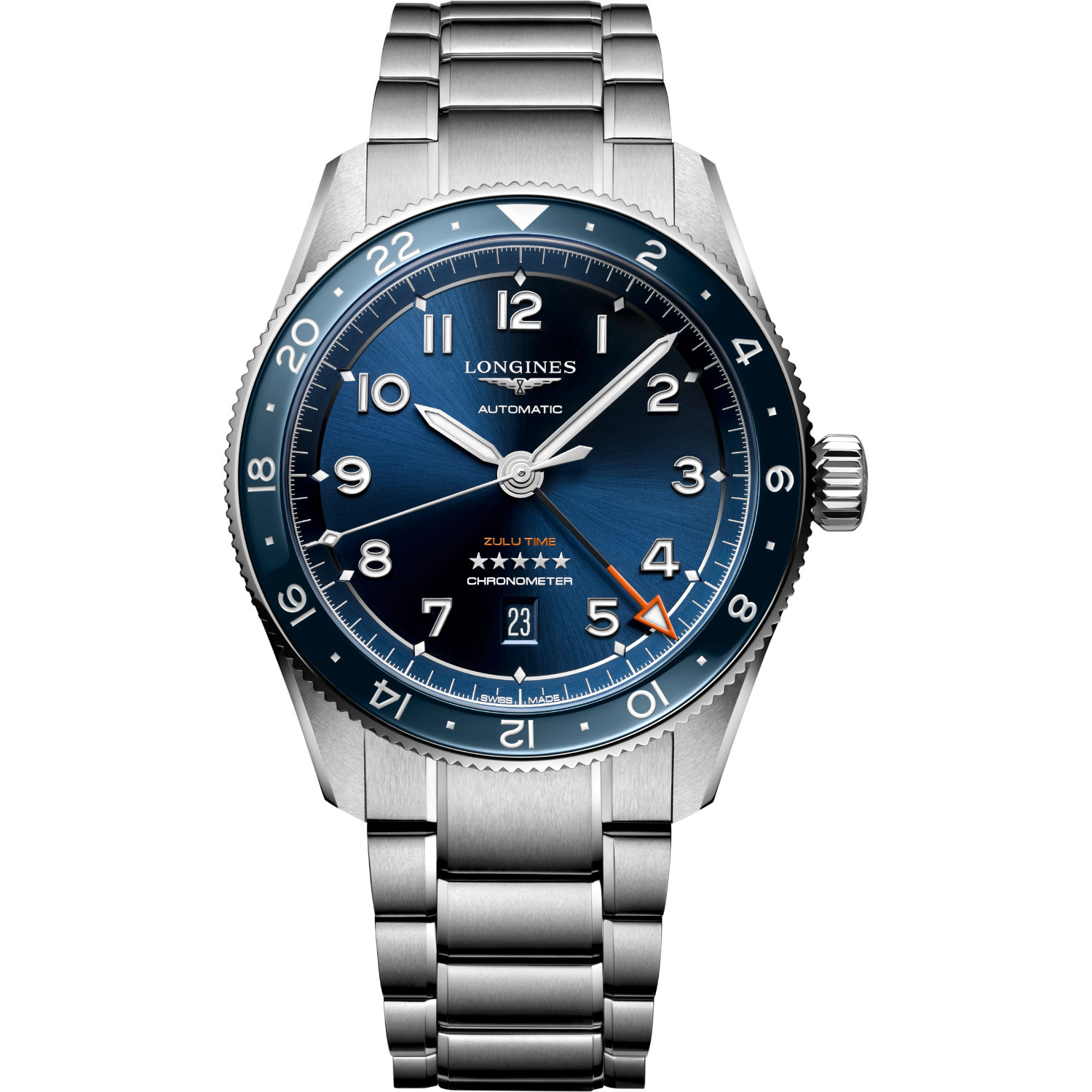 Orologio Longines Spirit Zulu Time 42mm. Movimento automatico GMT con 72 ore di riserva di carica, vetro zaffiro, cassa in acciaio. Impermeabile 100 metri.
