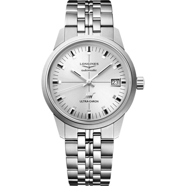 Orologio Longines Ultra-Chron. Cassa in acciaio da 37mm, movimento automatico, vetro zaffiro, impermeabile 50 metri.