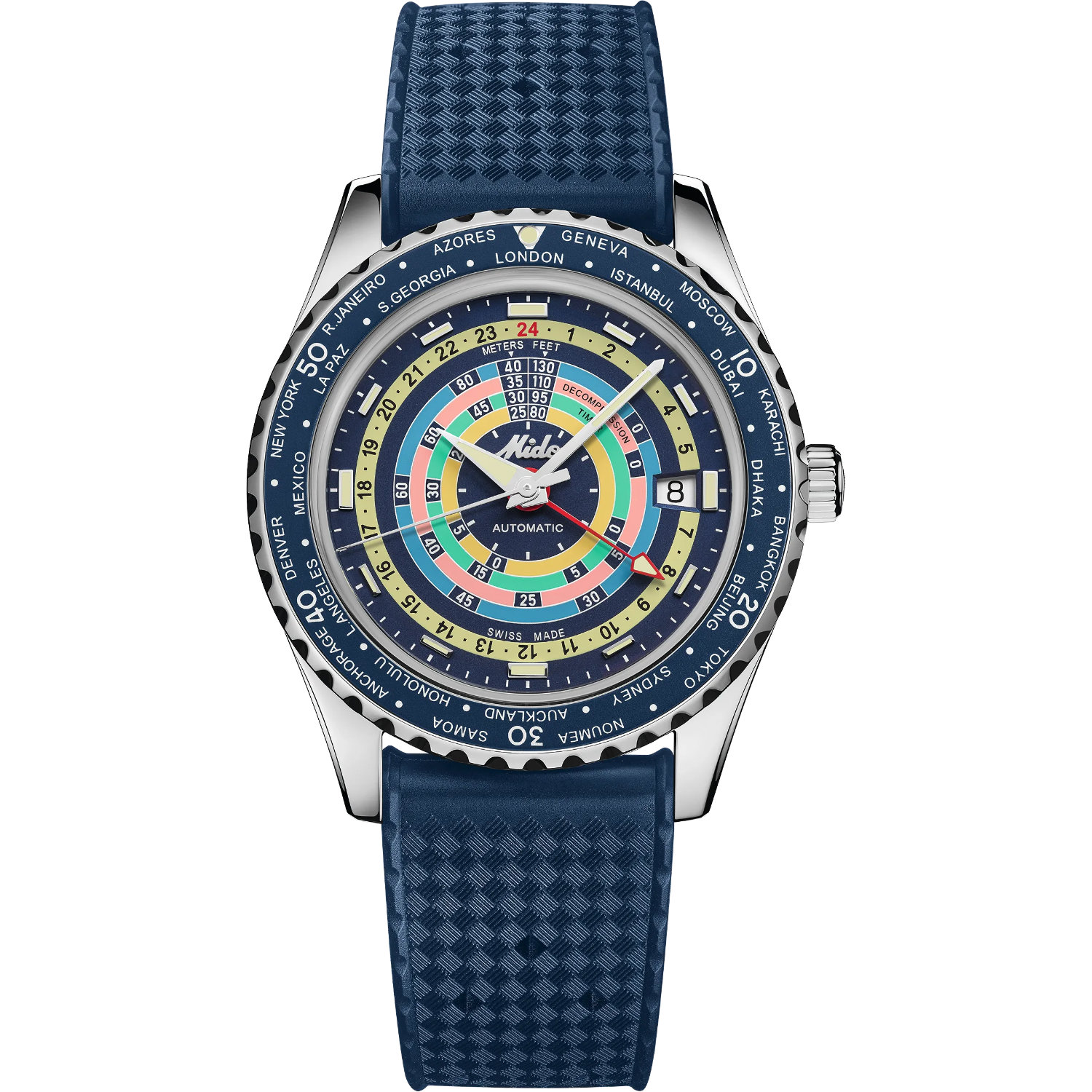 Mido-Ocean-Star-Decompression-Worldtimer-Gmt-Automatico-40-5mm-M0268291704100-Fronte Orologio Mido Ocean Star Decompression Worldtimer. Cassa acciaio di dimensione 40.5mm, movimento automatico, funzione GMT, vetro zaffiro, con cinturino caucciù e bracciale acciaio