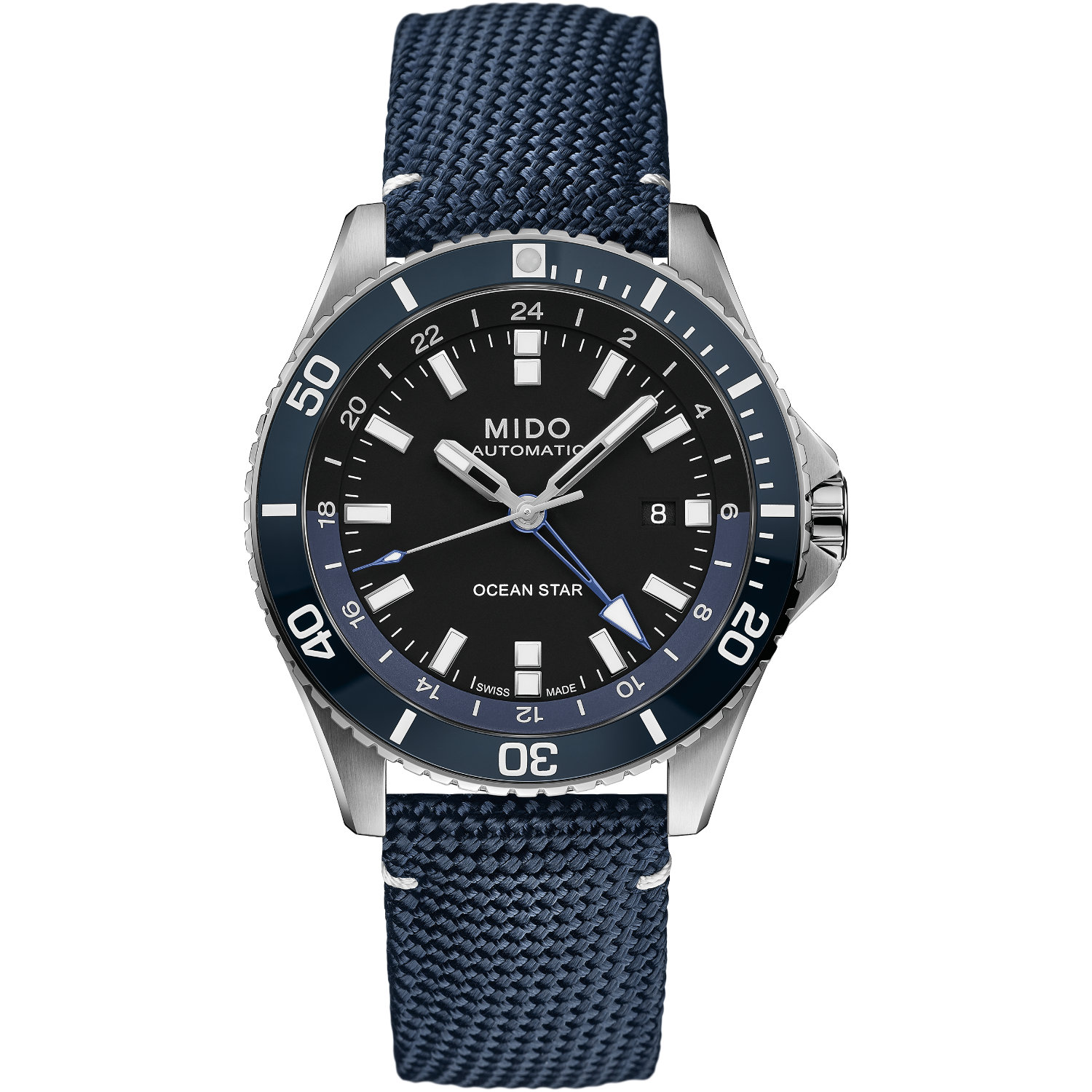 Mido-Ocean-Star-Gmt-44mm-M0266291705100-Fronte Orologio Mido Ocean Star Gmt Automatico 44mm, cassa acciaio, impermeabilità 200 metri, lunetta in ceramica, vetro zaffiro